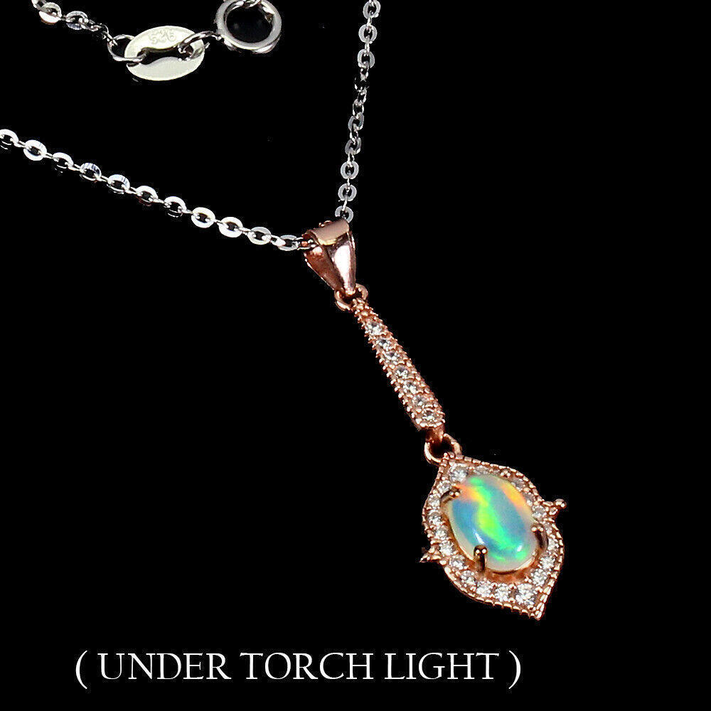 Unheated Oval Fire Opal Rainbow 7x5mm Simulated Cz 925 Sterling Silver Necklace